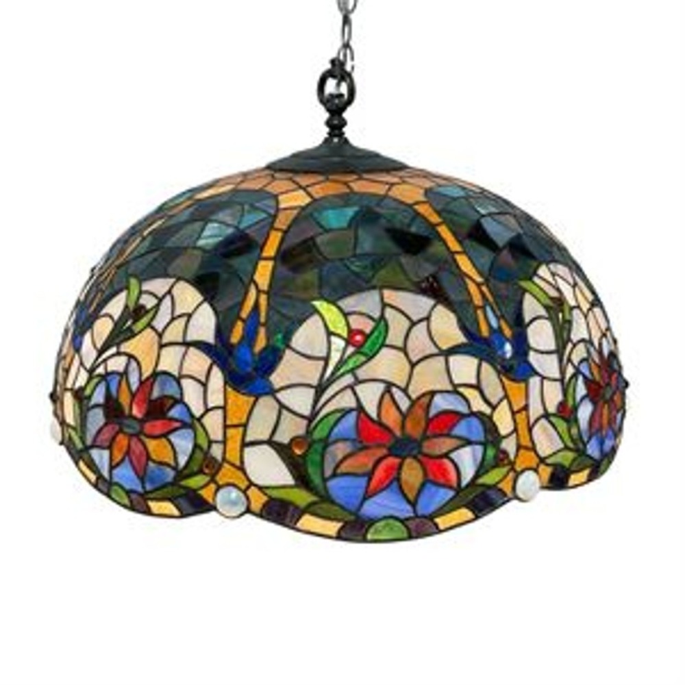 Vintage Large 24in Tiffany Style Stained Glass Swag Lamp Hanging Multicolor